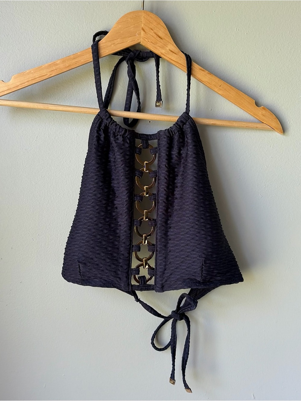 Michael Kors Women’s Swim Top Halter MK logo Dark Blue Textured Gold Hoops Sz S